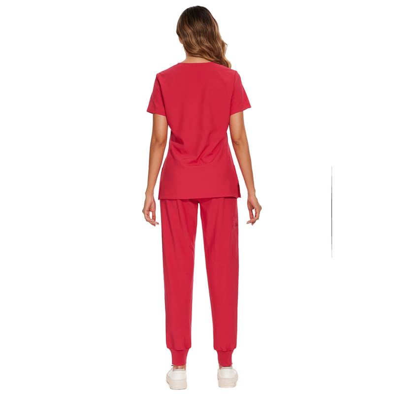 COZYFIT Scrubs for Women Set - Stretch V-Neck Scrub Top & Jogger Pant with 8 Pockets, Yoga Waistband, Anti Wrinkle, Slim Fit Women Scrubs - Rose Red, XS