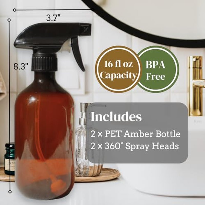 16oz Heavy Duty Amber Spray Bottles (2 Pack) - 360° Angle Spray