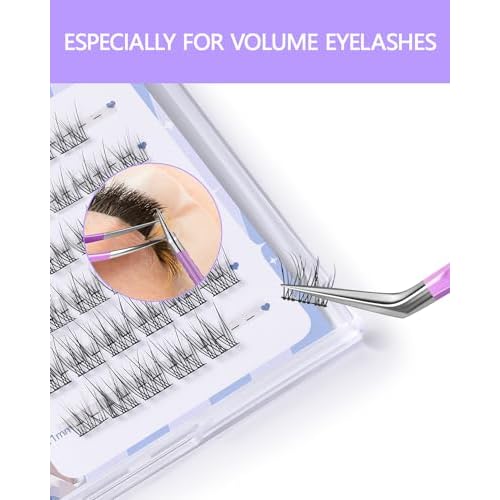 MORGLES Eyelash Tweezers for Lash Extensions, Fiber Tip Eyelash Extension Tweezers for Volume Lashes with Bag, Purple