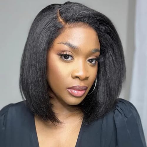 Kinky Straight Bob Human Hair Wig for Black Women - 12 Inch Glueless