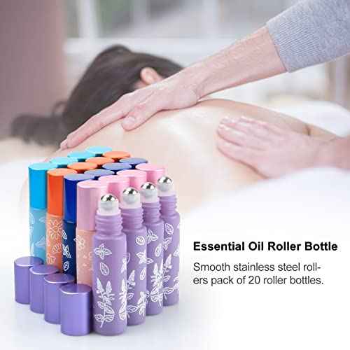 Cositina 20 Pack Essential Oil Roller Bottles, 10ml Glass Roll on With Stainless Steel Balls, Metal Aluminum Lid, Empty Sample Vial - Opener, Dropper Included