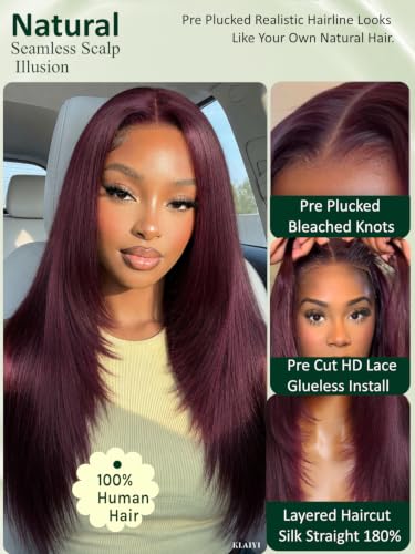 KLAIYI Bye Bye Knots Glueless Black Cherry Layered Straight 18 Inch Lace Front Wig