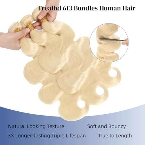 16A 613 Bundles Human Hair Blonde Body Wave 16 18 20 inch, 100% Real Human Hair No Synthetic Blended Sew in Quick Weave Bundles Human Hair Extensions Double Weft, Triple Lifespan 3X, Can Be Dyed
