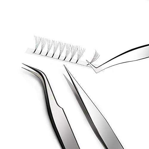 Quewel Eyelash Eyelash Extension Tweezers Set Eyelash Applicator Tool Curved and Straight pointed Tweezers Lash Extension Supplies Stainless Steel Precision Tweezers Silver (Mirrored,3 pcs)