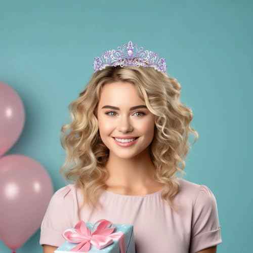 Schmoopy Tiara Crown for Women, Crystal Tiara for Bridal Prom Queen Birthday Birthday Party (A-Purple)