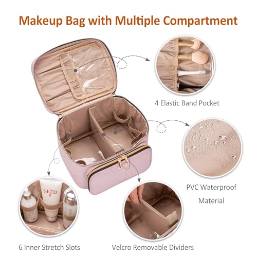 Travel Makeup Bag with Jewelry Organizer - Pink, Single-Layer, Waterproof Cosmetic Case for Brushes & Accessories