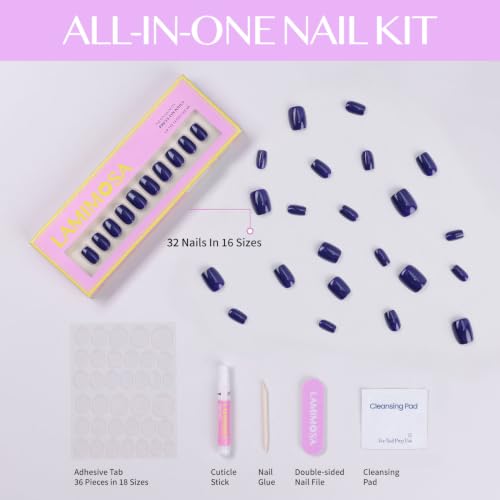 Lamimosa 32Pcs Short Navy Blue Square Press On Nails, Salon-Quality Fake Nails