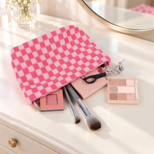 Marsrut 4-Piece Pink Checkered Makeup Bags Set | Large Capacity Cosmetic Organizer