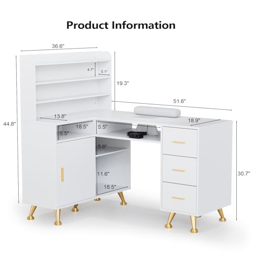 OmySalon L-Shaped Manicure Table 52" with Dust Collector