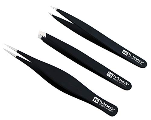 Macs Tweezers Set;- for Eyebrow Plucking, Ingrown Hair -Best for Eyebrow Hair, Facial Hair Removal,Splinter - Stainless Steel Precision Sharp- Pointy Ends Meet Perfectly - 7343BK (Black)