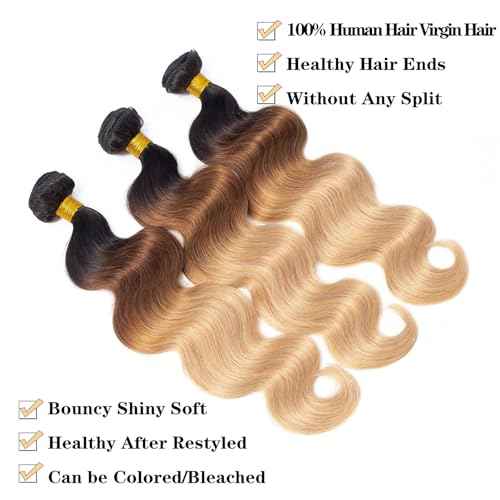 12A Grade Ombre Bundles Human Hair (T1B/30/27,20" 22" 24") Ombre Brown Body Wave Human Hair 3 Bundles 100% Unprocessed Virgin Brazilian Body Wave Hair Quick Weave