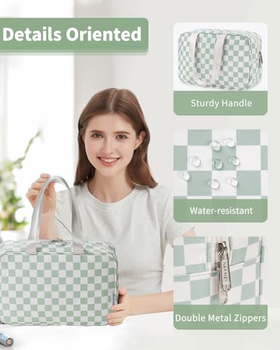 Narwey Large Capacity Checkered Makeup Bag with Handle