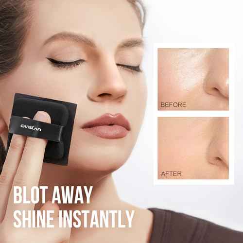 CARSLAN Black Magnet Oil Blotting & Setting Sheets with Mirror & Powder Puff, 2-in-1 Oil Absorbing Facial Papers, Natural Plant Fiber, On-the-Go Touch-Up, 150 Sheets + 8 Refill Pads