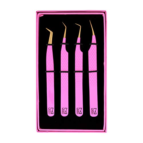 M LASH tweezers for Eyelash Extension (Set of 4) - Professional & Precision Eyelash tweezers - Japanese Steel, Diamond Grip, Fiber Tip V3 lash applicator tool (Pink)