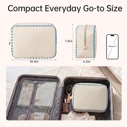 Canvas Makeup Bag with Rick Rack Trim, Blue Stripe Cosmetic Organizer
