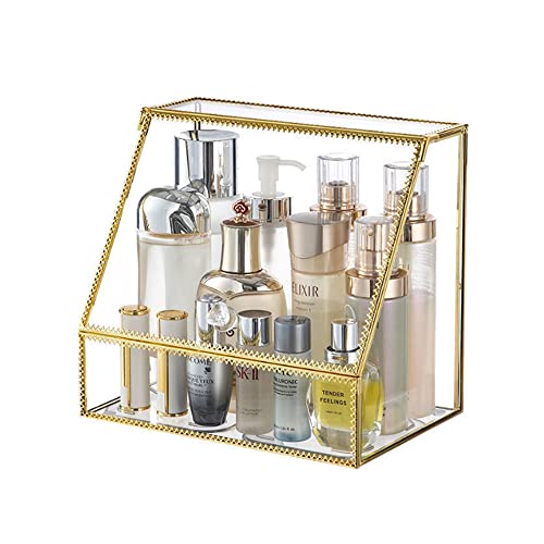 YUEHUA Makeup Organizer Glass Makeup Holder Bathroom Countertop Vanity Cosmetic Organizer for Lipsticks Skincare Toner Storage