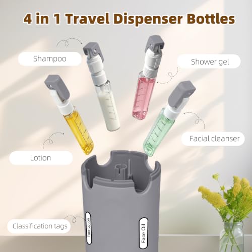 EASYFORALL 4 Pack Grey 4-in-1 Travel Dispenser Bottles 30ML Leak-Proof Toiletry Containers