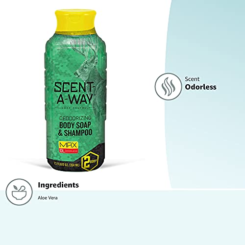 Hunters Specialties Scent-A-Way MAX 32oz Liquid Body Soap & Shampoo, Green, 32 oz & 07741 Saw Max Spray Odorless, 32 oz, Multi