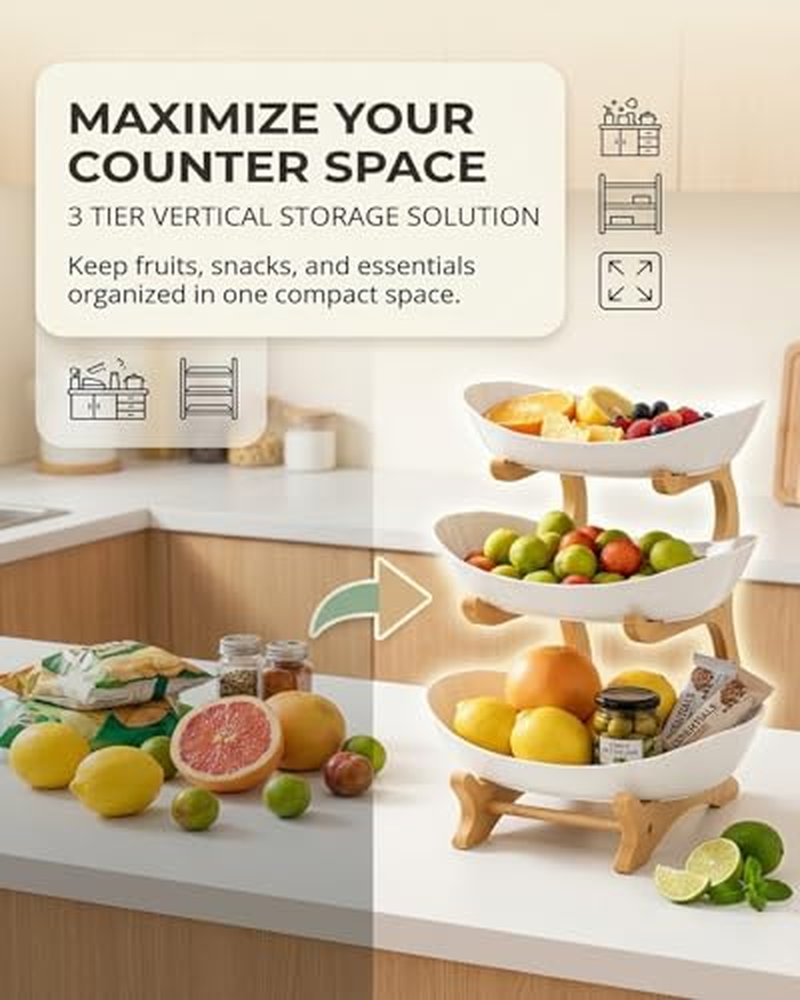 3-Tier Bamboo Fruit Basket with Oval Bowls - Space-Saving Organizer