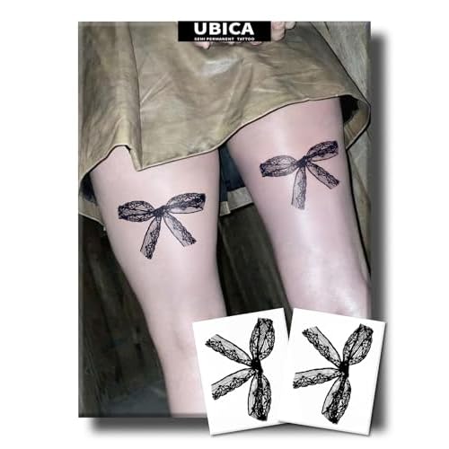 Semi Permanent Tattoo For Women, 2 Sheets Realistic Sexy Lace Temporary Thigh Lasting 1 Weeks Bow Tattoo For Adults Girl, Waterproof and Non-Reflective Fake Tattoo for Party Valentines Gifts