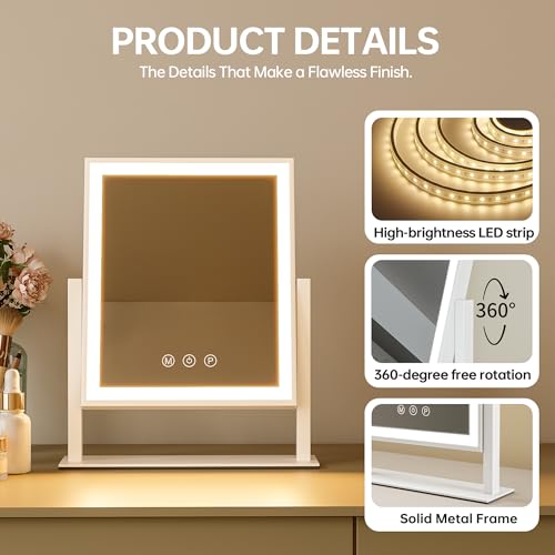 Vanity Mirror with Lights, 3-Color Dimmable & Adjustable Lighted Makeup Mirror with Smart Touch and 360¡Æ Rotation