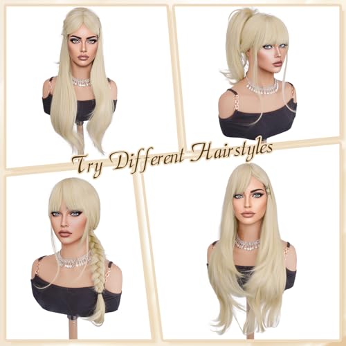 Haloo Blonde Wigs for Women - 26 Inch Platinum Long Wavy Synthetic Wig with Bangs