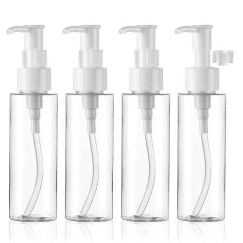 Cosywell Empty Plastic Pump Bottles Dispenser TSA Approved 3.4oz 4 Pack Portable Empty Refillable Container Clear Plastic Lotion Pump Dispenser Bottle for Facial Cleansing Oil Shampoo Shower Gel