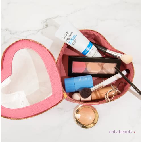 Heart Makeup Bag ? Pink Heart Cosmetic Bag with Clear Cover ? Gift Ideas for Women, Mom, Girlfriends, Her - Large Capacity for Full Size Makeup, Skincare and Brushes