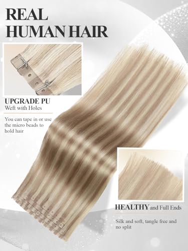 18-Inch Ash Blonde Highlight Human Hair Extensions - Glueless PU Weft