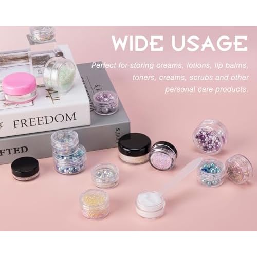 200 Count 5 Gram Sample Containers, Clear Lip Balm Containers with Lids, Small Plastic Sample Jars with 12 Mini Spoons, 200pcs Labels (Black Lid)