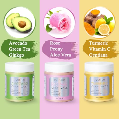 Pjordo Clay Mask Kit, Turmeric Vitamin C Clay Mask, Avocado Clay Mask, Rose Clay Mask, Facial Mask Skin Care Set for Deep Cleansing Reduce Blackheads Dark Spots, Perfect Gifts, 2.82 Oz Each