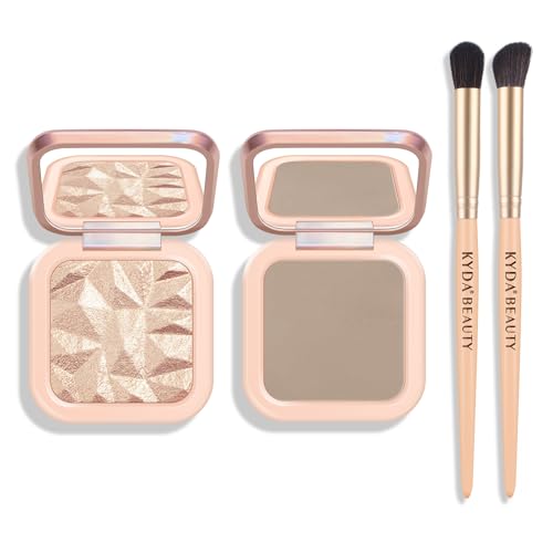 KYDA Baked Highlighter Contour Palette, Champagne Face Illuminator & Natural Matte Contour, Lasting Glow Face Sculpting Contouring Makeup, Buildable Shimmer Color, Sun Glow & Taupe