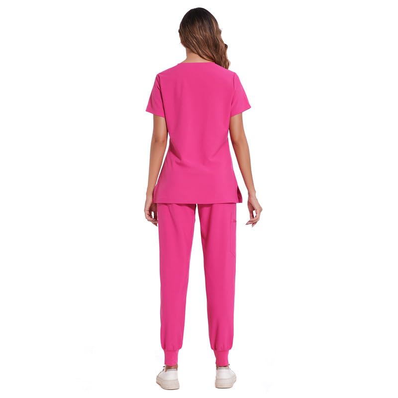 COZYFIT Scrubs for Women Set - Stretch V-Neck Scrub Top & Jogger Pant with 8 Pockets, Yoga Waistband, Anti Wrinkle, Slim Fit Women Scrubs - Hot Pink, XS