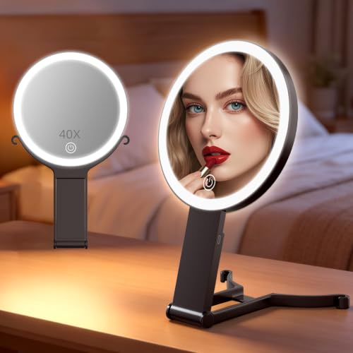 CC Mirrors 6-inch Travel Magnifying Makeup Mirror with Lights, 40X/1X, Black - Double Sided