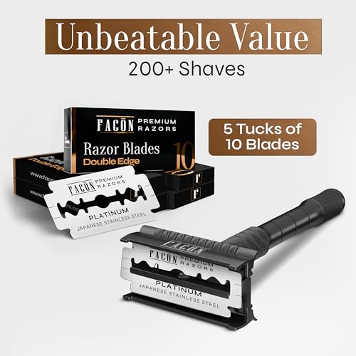 Fac?n Double Edge Safety Razor for Men & Women - Butterfly Open Stainless Steel Razor w/ 50 Platinum Double Edge Safety Razor Blades, Single Blade Razor for Smooth Close Shave, Reusable & Eco-Friendly