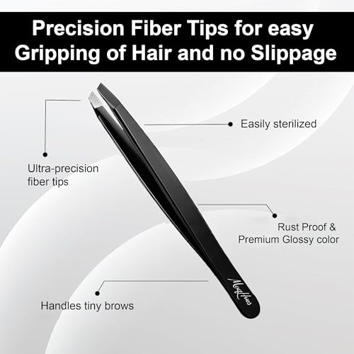 Fiber Tip Eyebrow Tweezers Set for Women & Men, 4 Pcs Professional Stainless Steel Tweezer Kit with Slant, Pointed, Flat & Pointed-Slant Tips for Facial Hair & Eyebrow Removal (Black)