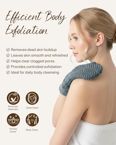 Fundrem 2-Pack Gray Wave Textured Exfoliating Gloves for Body, Dead Skin Remover