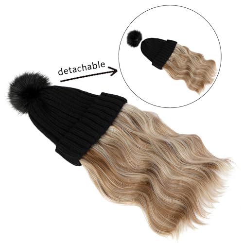 Women's Beanie Hat with 20" Wavy Hair Extensions - Knit Pom Cap