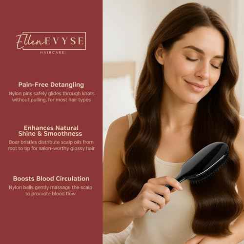 Boar Bristle Hair Brush, Soft Nylon Pins and Boar Bristles for Smoothing, Detangling, Soft Bristle Reducing Breakage and Enhancing Shine, Hairbrush for Women,Men