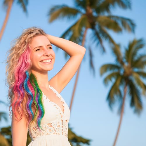 32 PCS Clip in Hair Extensions for Kids, 20 Inch Rainbow