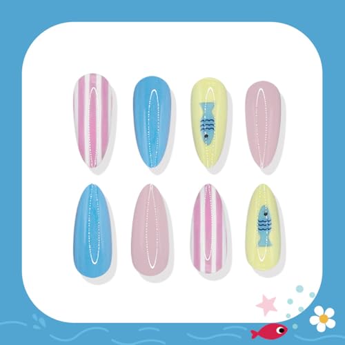 24 Pcs Summer Press On Nails - Medium Almond with Ocean Fish Design
