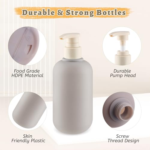 6 Pcs 10 oz Soft Plastic Bottles with Press Pump,Empty Refillable Travel Shampoo Dispenser Container for Hand Soap,Shampoo,Lotion,Body Wash,Conditioner,Silicone Funnel Included (Grey)