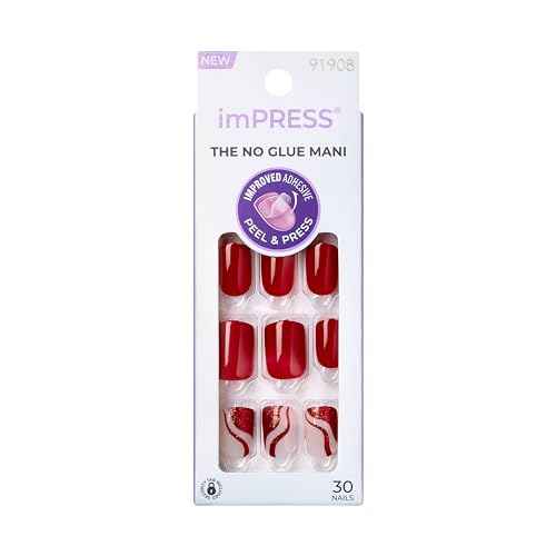KISS imPRESS Design Press On Nails , ¡®Endlessly¡¯, Red, Short Squoval, PureFit Technology, Chip Proof, Smudge Proof, Waterproof, Nail File, Manicure Stick & 30 Fake Nails