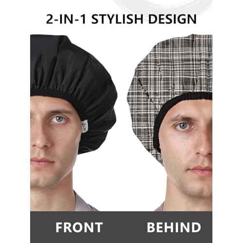 Years calm Men Shower Cap Reusable Waterproof, Dual-Layer Design, Double-Sided Use,Protects Hair in Shower, Spa, Travel & Cooking, Adjustable Elastic for Comfortable Fit (Black Plaid, One Size)