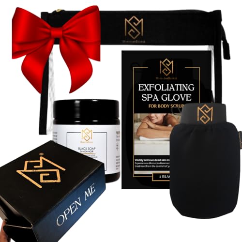 Exfoliating Glove Kessa Mitt Body Scrubber ? Dead Skin Remover Shower Glove for Deep Pore Cleansing, Black Soap, and Moisturizer with Argan Oil by Moroccan Source ? 3 Piece Spa Set Kit