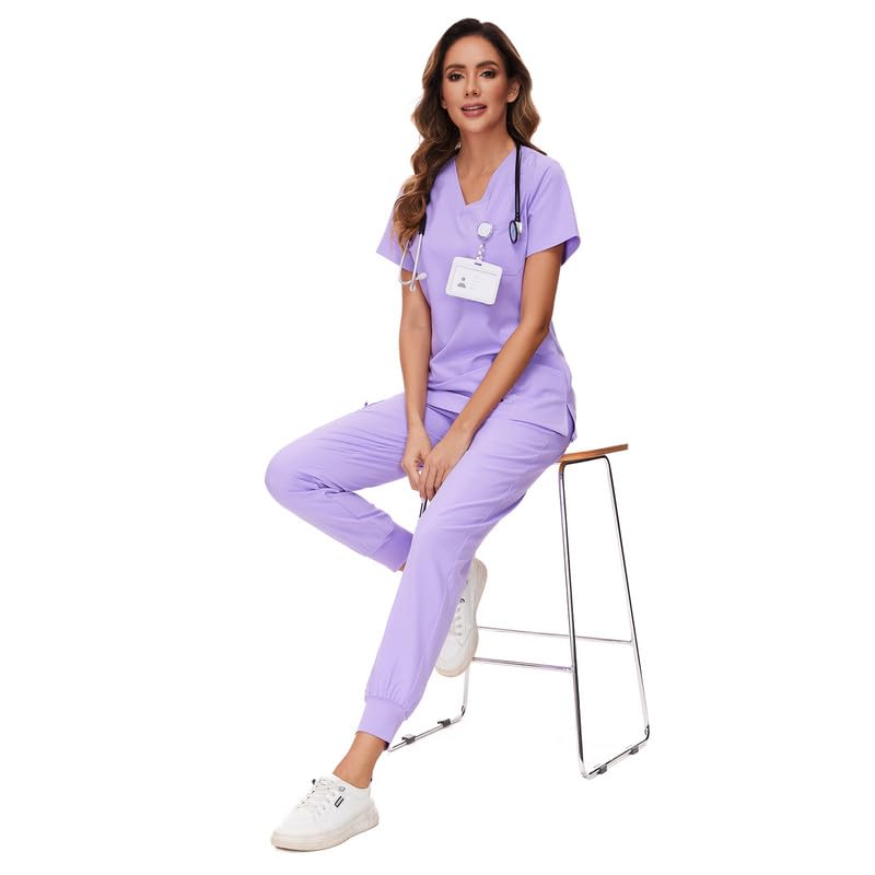 COZYFIT Scrubs for Women Set - Stretch V-Neck Scrub Top & Jogger Pant with 8 Pockets, Yoga Waistband, Anti Wrinkle, Slim Fit Women Scrubs