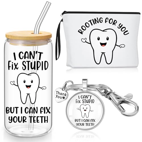 Kacctyen Dental Assistant Gifts Dentist Hygienist Gift for Women Dental Assistant Appreciation Week Makeup Bag with Keychain 17 oz Glass Cup with Lid and Straw Set for Women Men Accessories