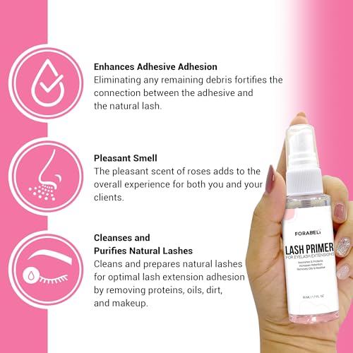 Forabeli Lash Primer Spray for Eyelash Extensions 50ml | Large Value Size Pre-Treatment | Maximum Retention & Adhesion Booster | Protein Remover & Cleanser | Oil Free Formula | 1.69 fl oz