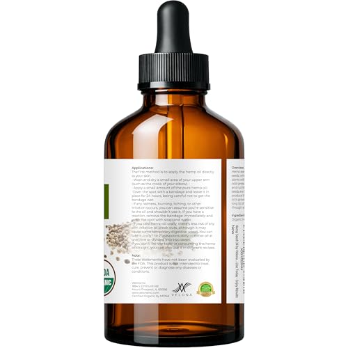 velona Hemp Seed Oil USDA Certified Organic - 4 Fl Oz | 100% Pure and Natural Carrier Oil | Unrefined, Cold Pressed | Hair, Body, Face & Skin Care