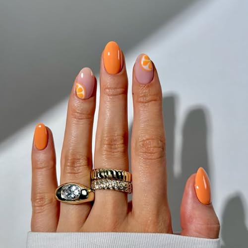 Short Almond Press On Nails - Orange Acrylic Fake Nails for Women